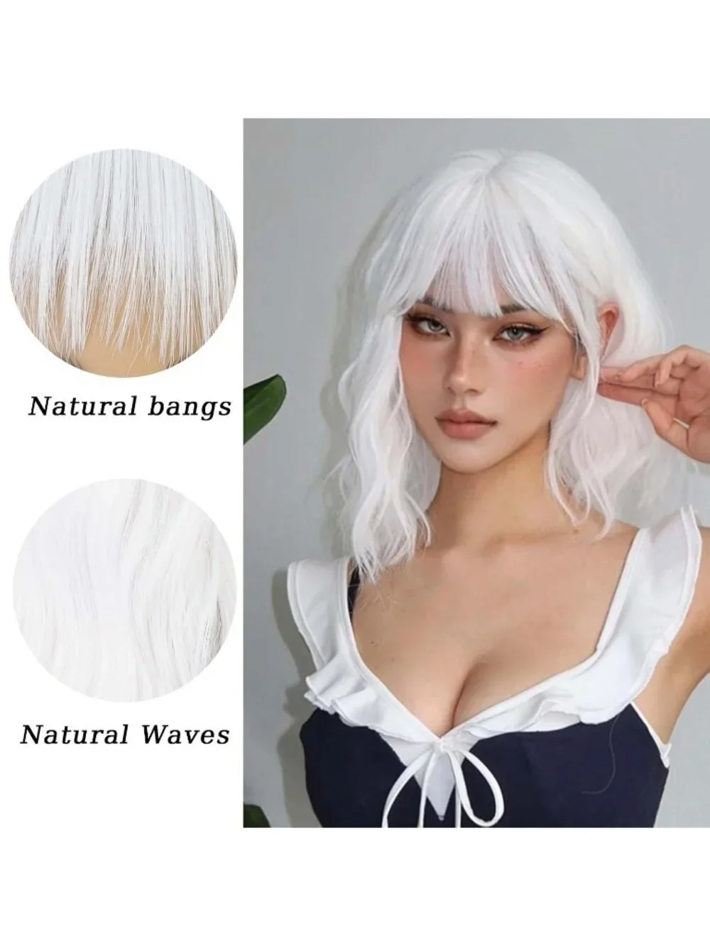 Women's White 14 Inch Heat Resistant Short Bangs Bob Modern Wavy Wigs